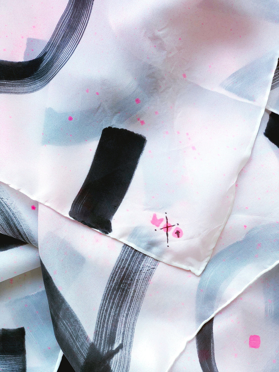 Hand-Painted Silk Scarf - Black + Magenta Paint Splatter X's + O's - Michelle Owenby Design