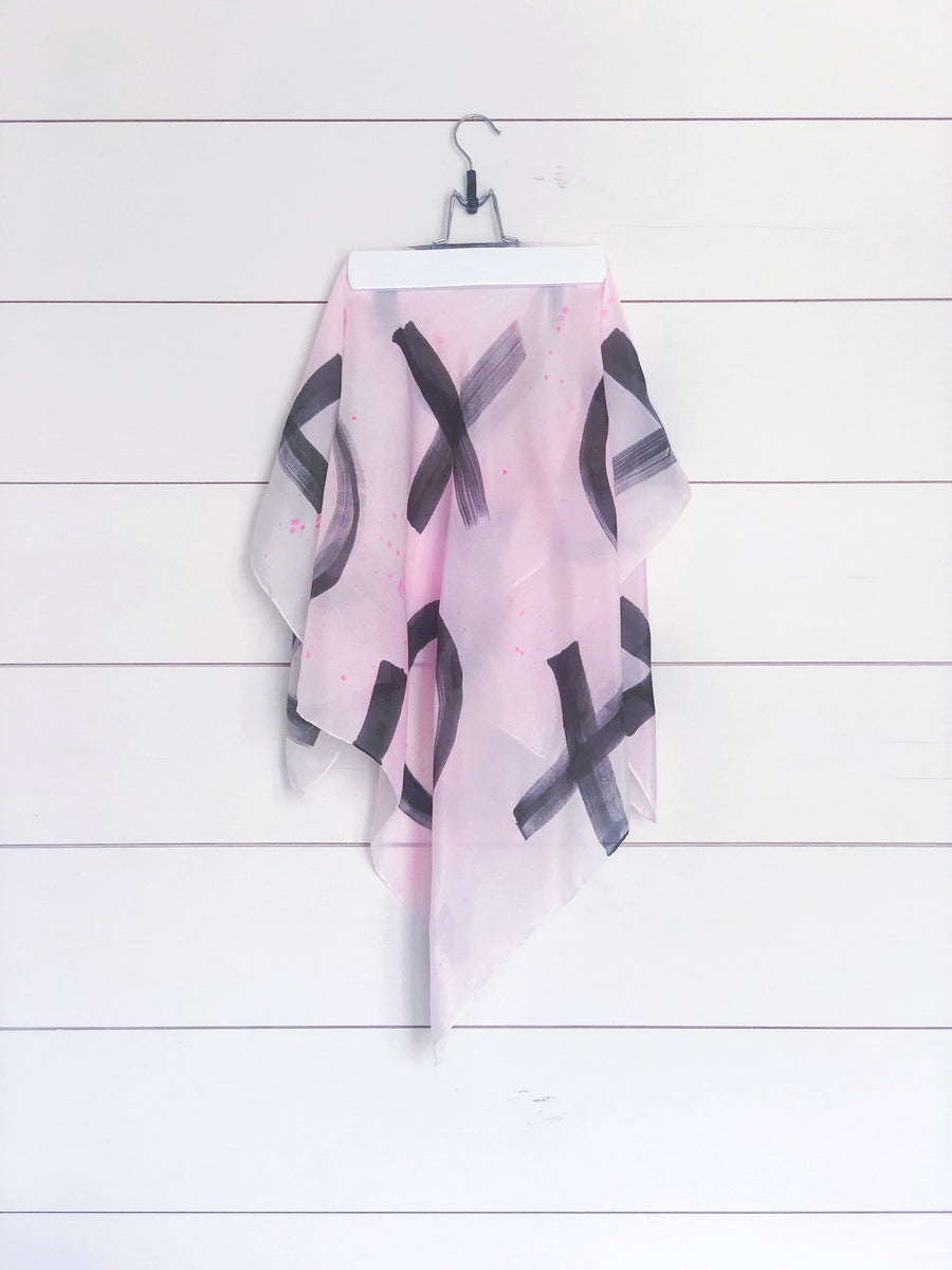 Hand-Painted Silk Scarf - Black + Magenta Paint Splatter X's + O's - Michelle Owenby Design