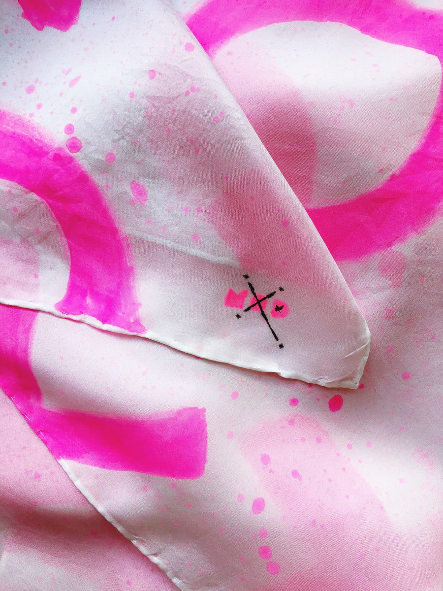 Hand-Painted Silk Scarf  - Magenta Paint Splatter X's + O's - Michelle Owenby Design