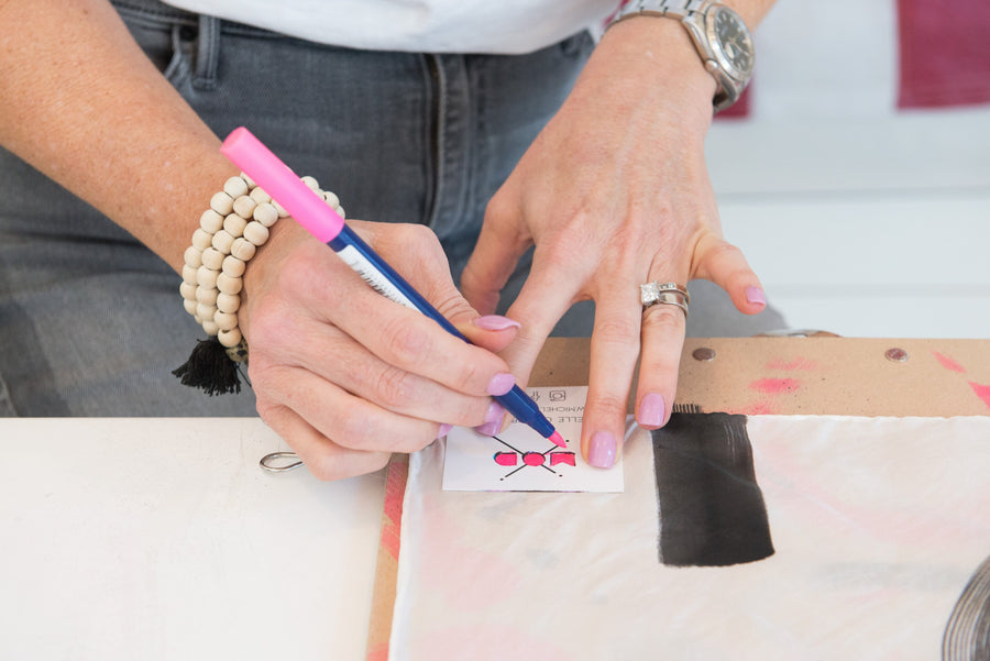 Hand-Painted Silk Scarf - Black + Magenta Paint Splatter X's + O's - Michelle Owenby Design